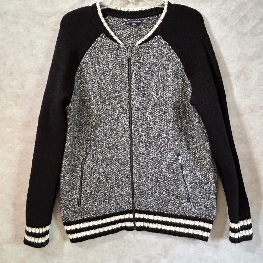 American Eagle Mens Large Full Zip Knit Bomber Sweater Jacket Salt Pepper Black